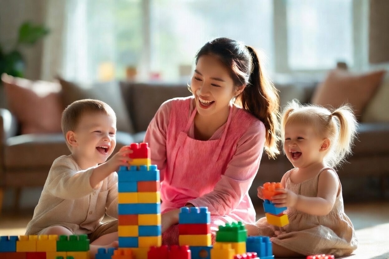 Empleada del hogar cuidando y jugando con dos niños en un entorno familiar.