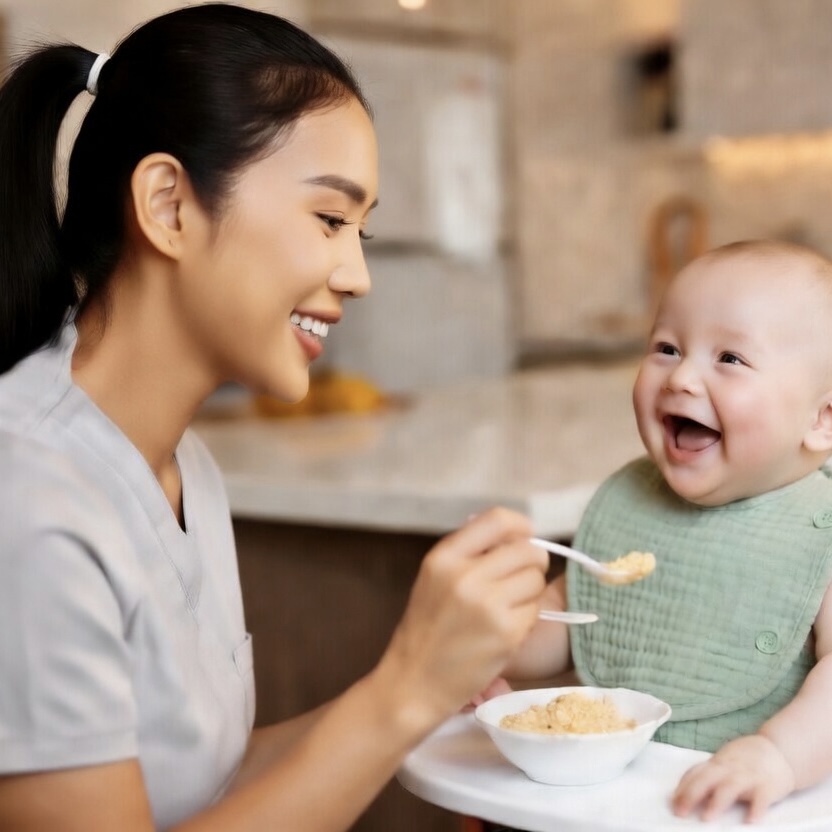 Empleada del hogar filipina cuidando y alimentando a un bebé con cariño y profesionalidad.