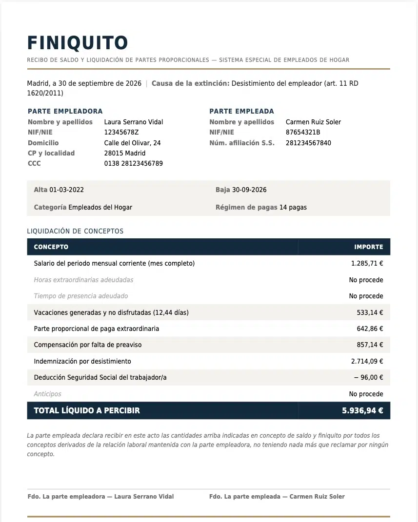 Finiquito de empleada del hogar generado con el Generador de Finiquitos de Mimucama, con el desglose por conceptos y el total líquido a percibir
